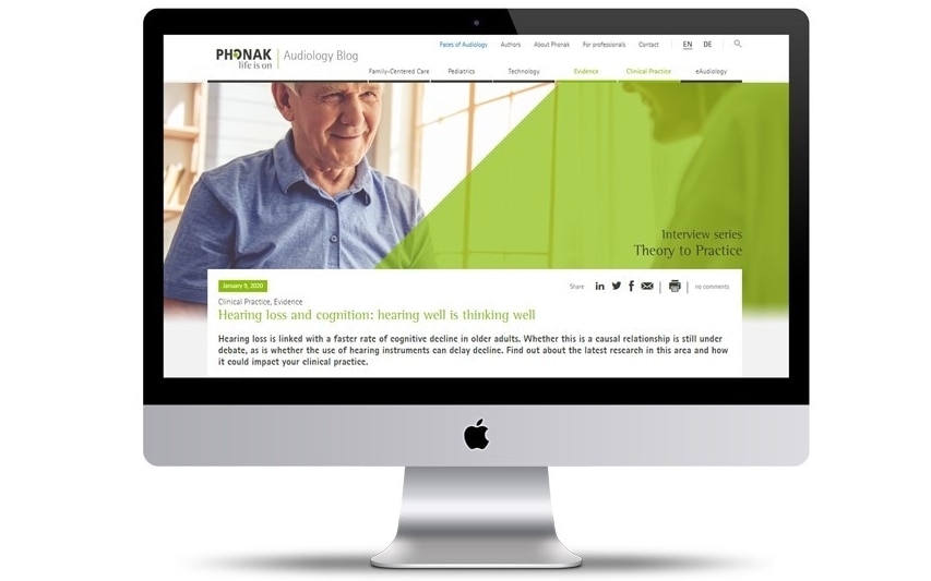 Écran affichant le Blog de Phonak sur l’audiologie